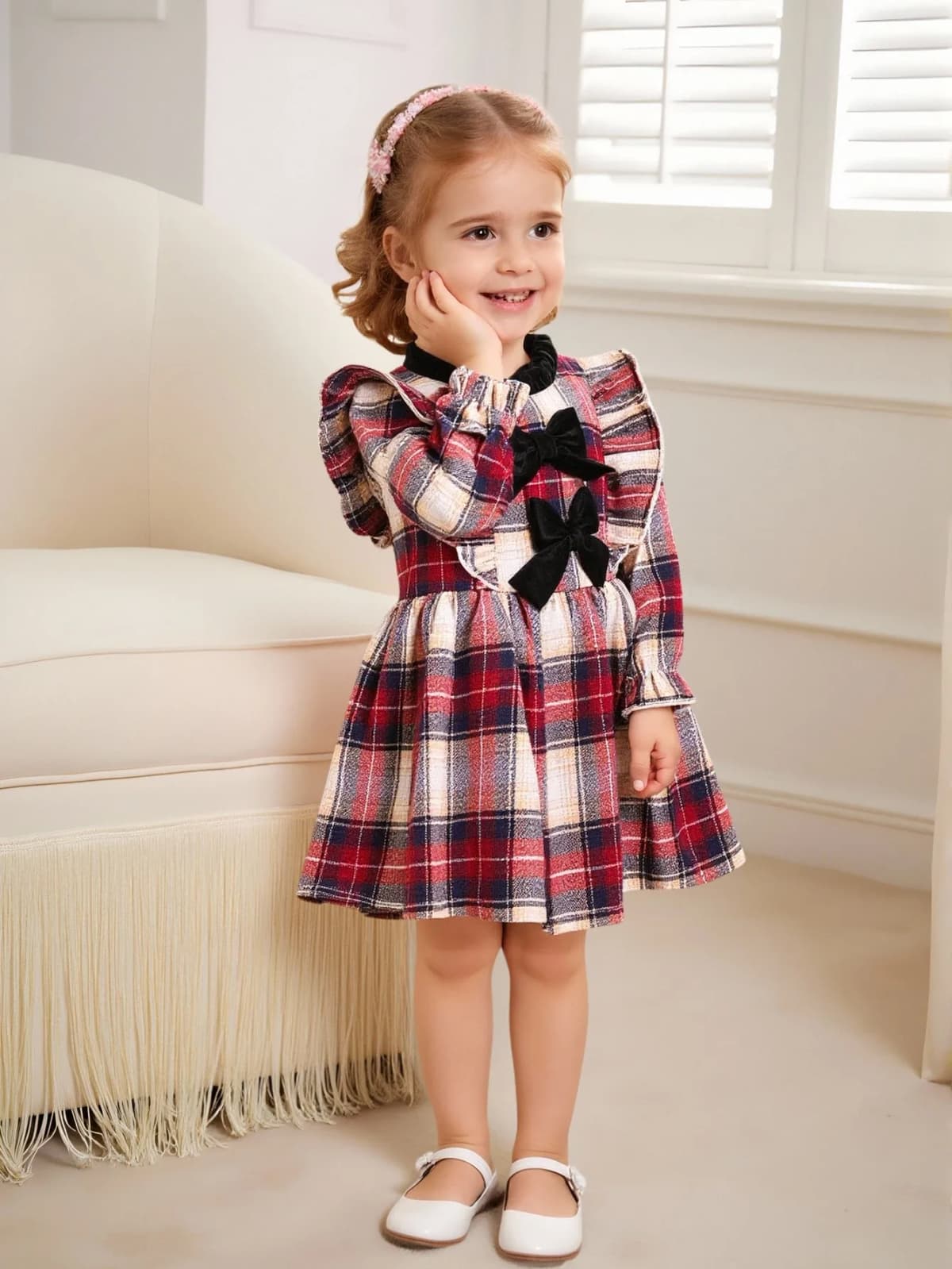Fashion Plaid Patchwork Lace Collar Bow Tie Back Invisible Zipper Long Sleeve Dress for Baby Girl (Including Hat) Autumn