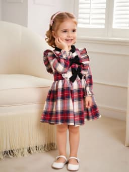 Fashion Plaid Patchwork Lace Collar Bow Tie Back Invisible Zipper Long Sleeve Dress for Baby Girl (Including Hat) Autumn