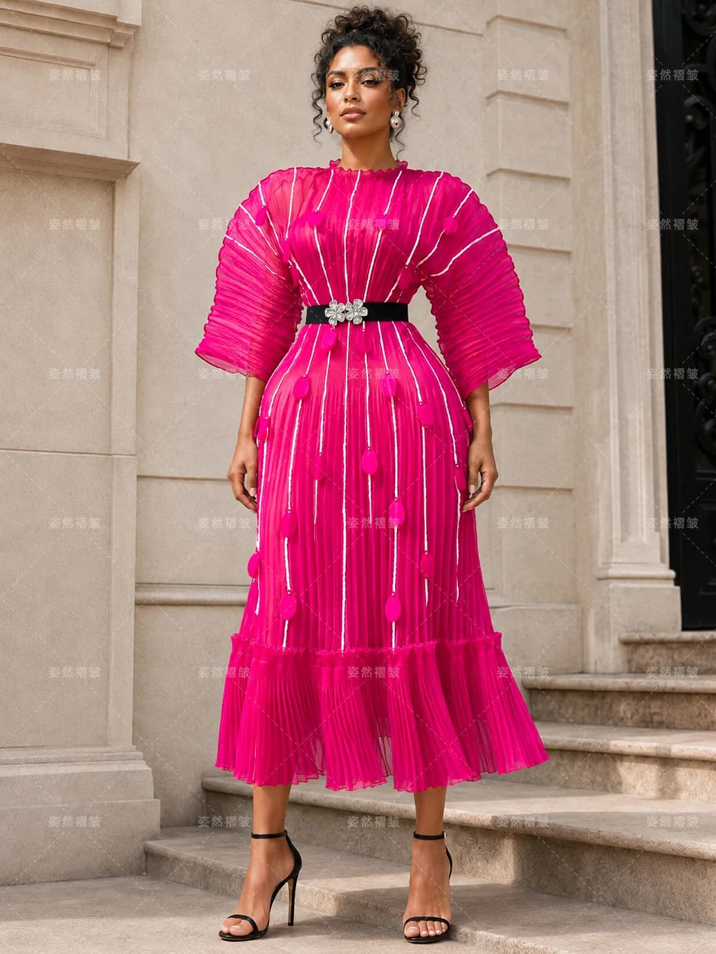 2026 New Waist and Thin Loose Women's Clothing Eugen Yarn Miyake Temperament Pleated Three-dimensional Flower Dress