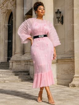 2026 New Waist and Thin Loose Women's Clothing Eugen Yarn Miyake Temperament Pleated Three-dimensional Flower Dress