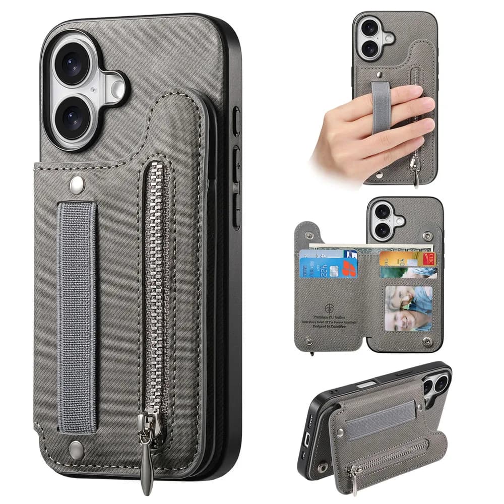 Zipper Cards Solt Wallet Leather Case for iPhone 17 16 15 13 Pro Max 14 Plus 16Pro 15Pro Elastic Rope Wrist Leather Cover