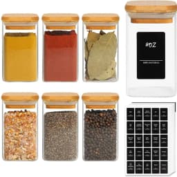 Glass Spice Jars with Bamboo Lid, 8oz Airtight Square Containers with Black Labels, Empty Seasoning Jars for Spice Salt Sugar