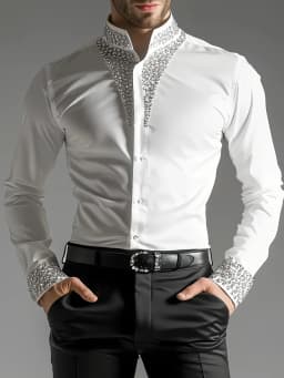 Luxury Rhinestone Shirt for Men Mandarin Stand Collar Crystal Embellished Cuff Long Sleeve Slim Fit Party Wedding Formal Blouse