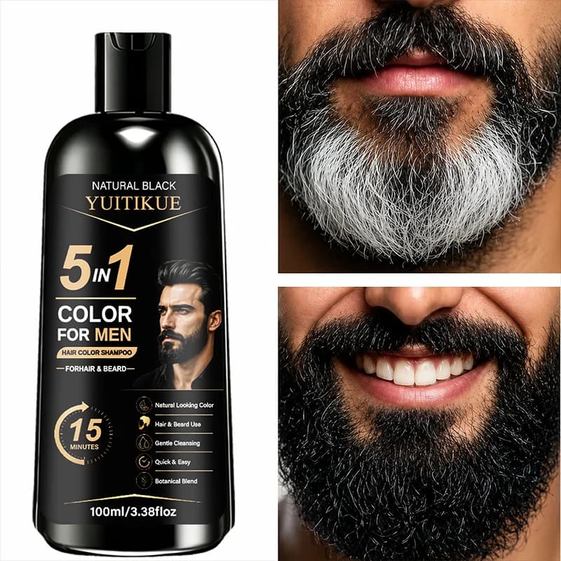 YUITIKUE 5 In 1 Men Black Hair Color Shampoo 15 Mins Natural Dye For Hair Beard Botanical Gentle Gray Coverage Home Dye Care