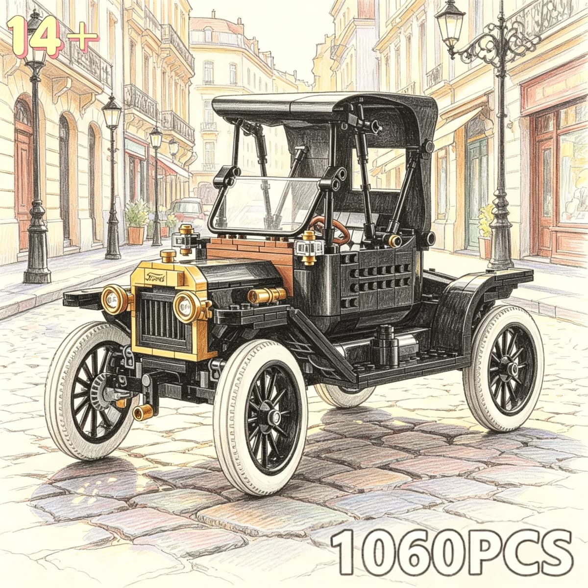 1060PCS Retro Classic Early Ford Vehicle Building Blocks Set T Model Car DIY Assembly Ornament Festival Gift For Collectors Toys