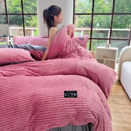 Thick Coral Velvet Striped Quilt Cover Set Soft Flannel Warm Comforter Sets for Autumn Winter Solid Duvet Cover with Pillowcase