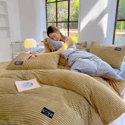 Thick Coral Velvet Striped Quilt Cover Set Soft Flannel Warm Comforter Sets for Autumn Winter Solid Duvet Cover with Pillowcase