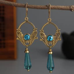 Bohemian Inlaid with Blue Stones Drop Earrings Women Vintage Ethnic Silver Color Metal Carving Plants Pattern Long Earrings
