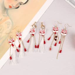Vintage Fox Mask Earrings Crane Earrings For Women Mythological Animals Shaped Jewelry Fan Shaped Pendant Tassel Ear Clip Gifts