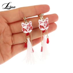 Vintage Fox Mask Earrings Crane Earrings For Women Mythological Animals Shaped Jewelry Fan Shaped Pendant Tassel Ear Clip Gifts