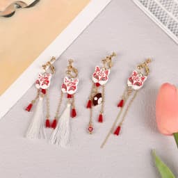 Vintage Fox Mask Earrings Crane Earrings For Women Mythological Animals Shaped Jewelry Fan Shaped Pendant Tassel Ear Clip Gifts