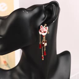 Vintage Fox Mask Earrings Crane Earrings For Women Mythological Animals Shaped Jewelry Fan Shaped Pendant Tassel Ear Clip Gifts