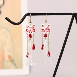 Vintage Fox Mask Earrings Crane Earrings For Women Mythological Animals Shaped Jewelry Fan Shaped Pendant Tassel Ear Clip Gifts