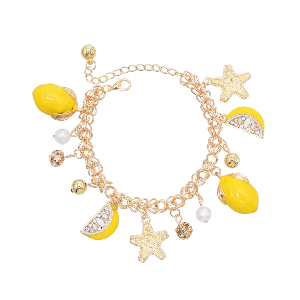 Alloy Yellow Drop Oil Starfish Lemon Pendant Bracelet Super Cute Ball Pearl Tassel Girl's Bracelets Summer Beach Party Jewelry
