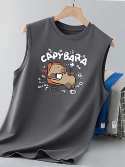 100% Pure Cotton Men's Summer Fashion Leisure Sports Fitness Loose Cartoon Print Breathable Round Neck Sleeveless Vest