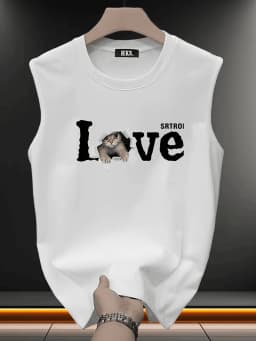 100% Pure Cotton Men's Summer Fashion Leisure Sports Fitness Loose Cartoon Print Breathable Round Neck Sleeveless Vest
