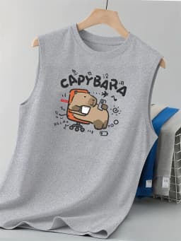 100% Pure Cotton Men's Summer Fashion Leisure Sports Fitness Loose Cartoon Print Breathable Round Neck Sleeveless Vest