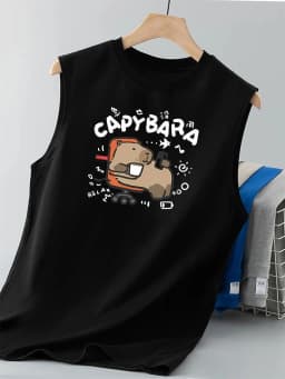 100% Pure Cotton Men's Summer Fashion Leisure Sports Fitness Loose Cartoon Print Breathable Round Neck Sleeveless Vest
