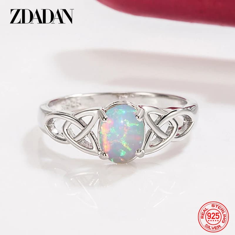 ZDADAN 925 Sterling Silver Oval Opal Ring For Women Girls Fashion Jewelry
