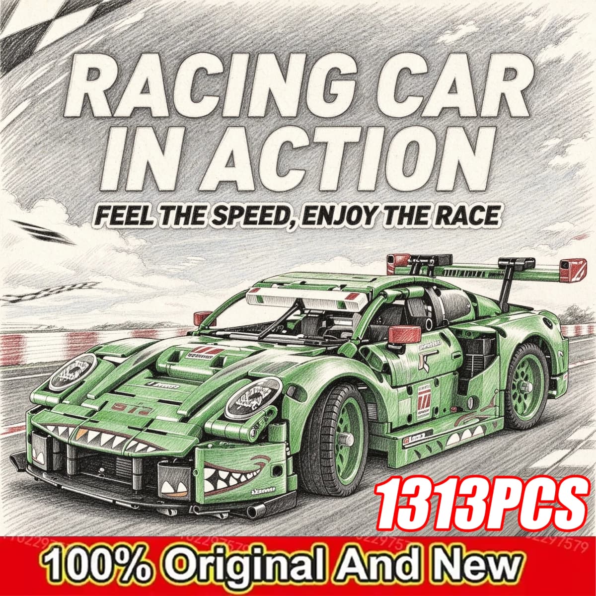 New 1313PCS 1:8 Scale Tyrannosaurus Rex Graffiti Theme Endurance GT3 Race Car Assembly Building Blocks Car Mechanical Group Kits