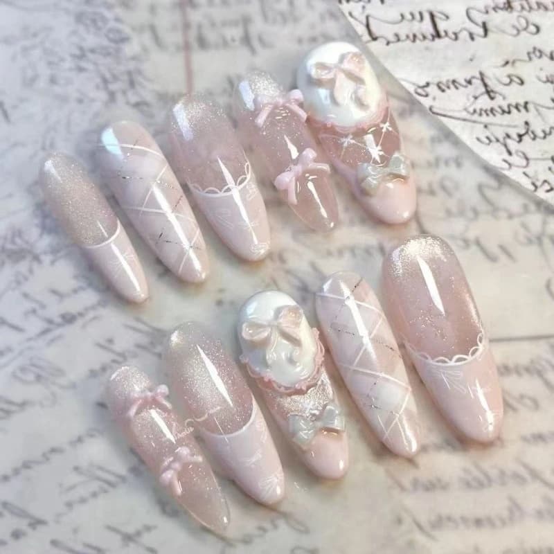 Luxury Handmade Press On Nails Long Coffin Cat Eye French Fake Nails Coquette Bow Star Diamond Pearl Sweet Reusable False Nails