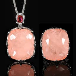 Large Cushion Cut Pink Rose Quartz Pendant Necklace Adjustable Ring Red Ruby Accent Statement Jewelry for Women Party Gift