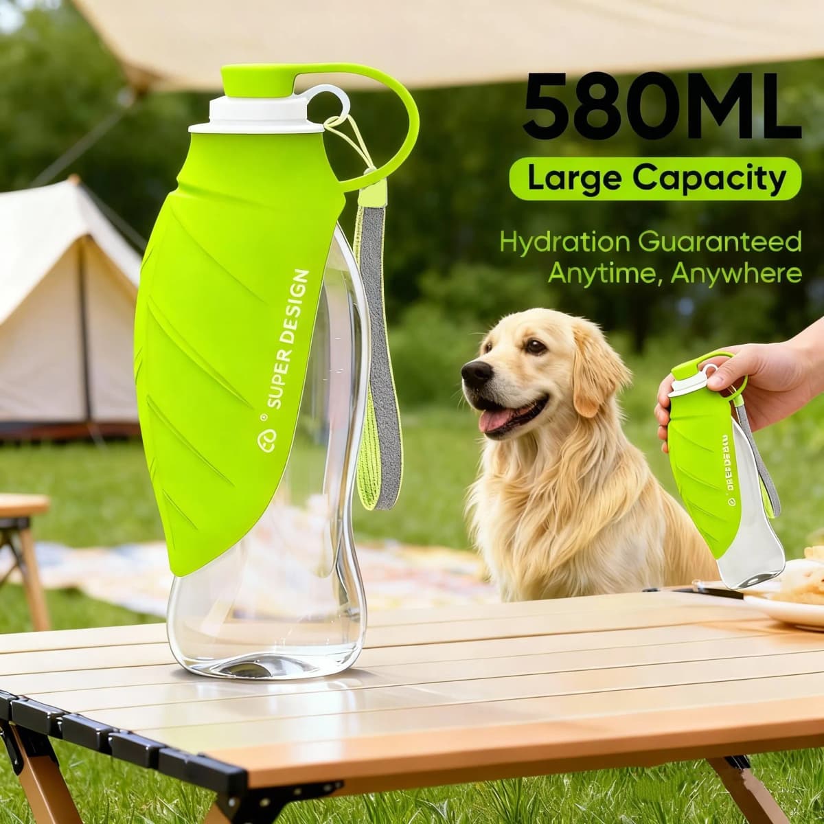 Superdesign Large Capacity Foldable Dog Water Bottle - Portable Design, Leak-Proof and Durable Material, Ergonomic Handle and Strap, 20 Ounces Suitable for Camping, Hiking, Outdoor Adventures, Pet Hydration Equipment, Stylish Pet Accessory