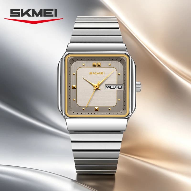 SKMEI 9414 Simple Square Dial Calendar Week Stainless Steel Strap Quartz Watch Men's Waterproof Business Mens Watch Reloj Hombre