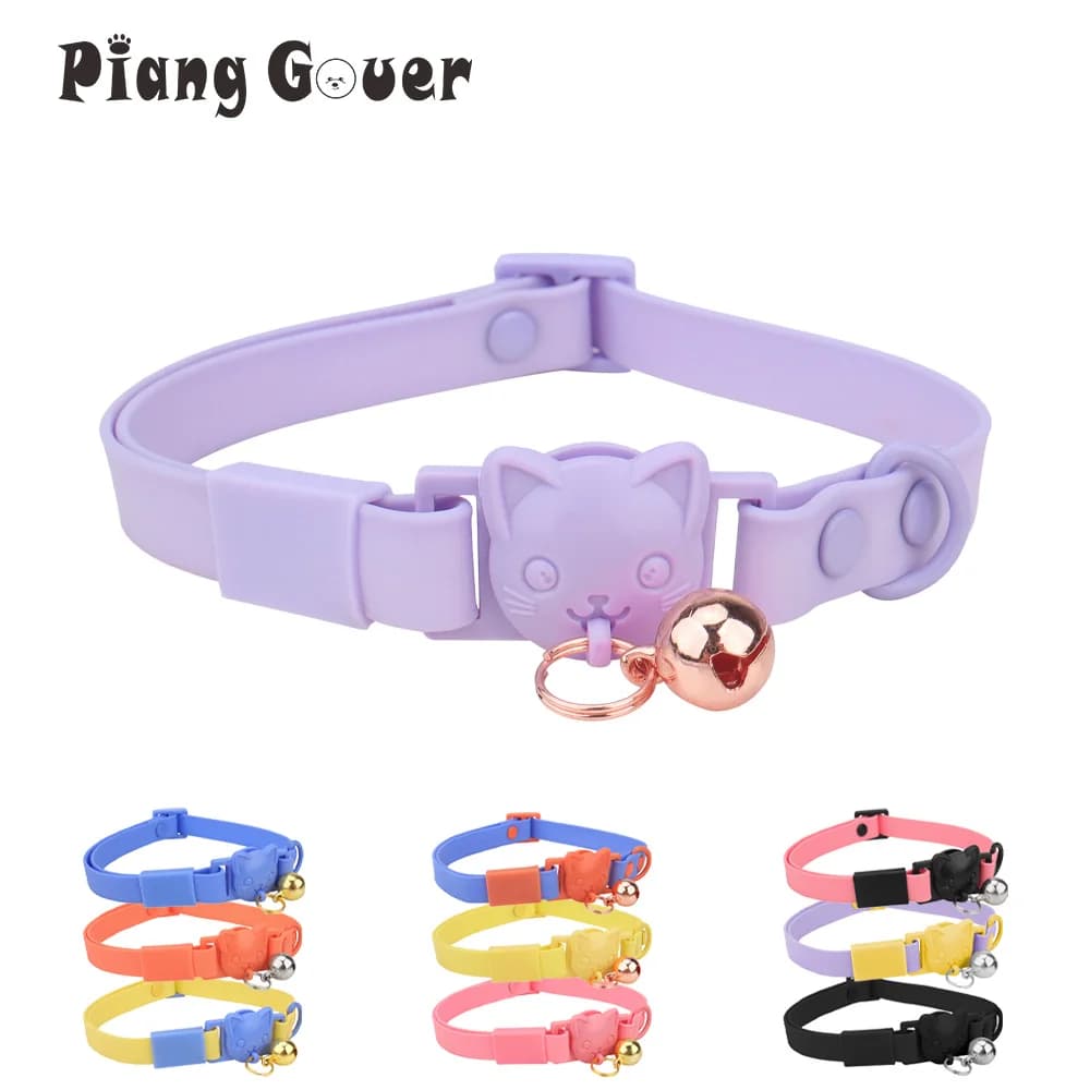 Pet Cat Collar Necklace With Small Bell PVC Waterproof Adjustable Kitten Collar Candy Color