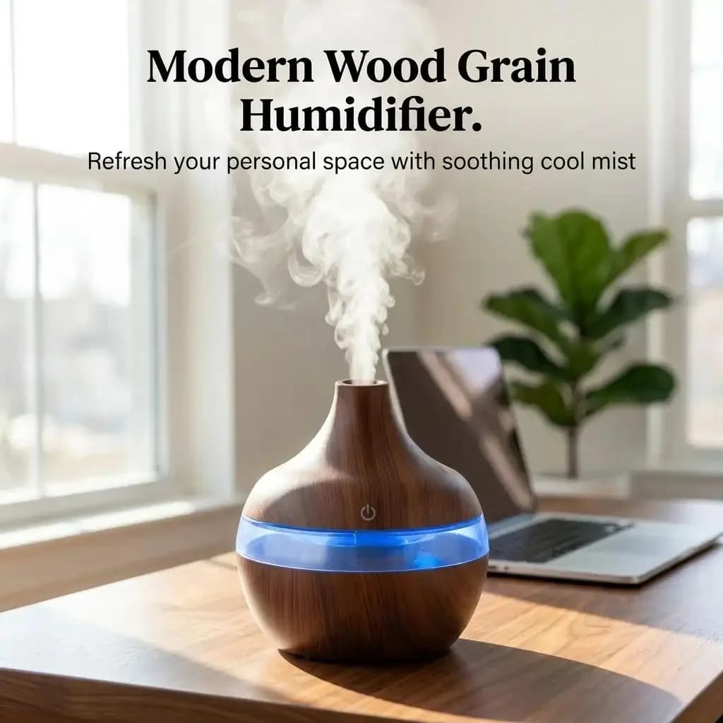 HONSUN Humidifier for Bedroom, 300ml Essential Oil Diffuser with 7-Color LED Night Light, Dark Wood Grain Ultrasonic Cool Mist Humidifier, Portable USB Desktop Aroma Humidifier with 4-Hour Auto Shut-Off, Compact Size for Home Office Spa