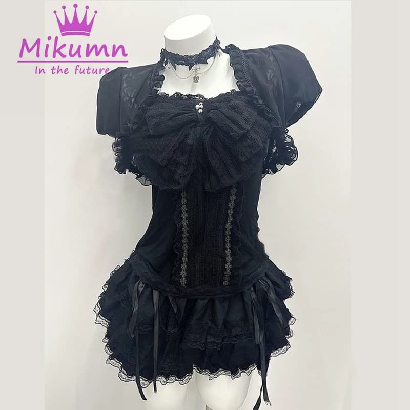 Mikumn Gothic Lolita Black Lace 3 Piece Set Women Puff Sleeve Cardigan+Bow Cami Top+Cake Mini Skirt Y2K Aesthetic Kawaii Outfit