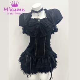Mikumn Gothic Lolita Black Lace 3 Piece Set Women Puff Sleeve Cardigan+Bow Cami Top+Cake Mini Skirt Y2K Aesthetic Kawaii Outfit