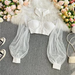 Autumn Sexy Cropped Tops for Women Off-shoulder Mesh Patchwork Sheer Female Corset Top Ladies Halter Skinny Blouses Dropshipping