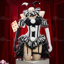 Black White Striped Clown Corset Dress Gothic Halloween Cosplay Costume with Ruffle Skirt