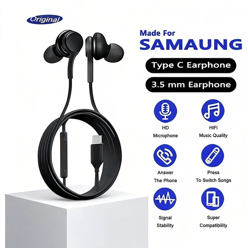 Original Type C Wired Earphone For Samsung Galaxy S25 S24 S23 S22 Ultra Plus 3.5mm Earbud Headphones A55 A54 A53 A52 Accessories