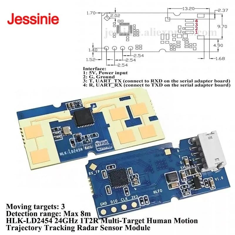 10pcs/1pc Hi-Link HLK-LD2454 24GHz 1T2R Multi-Target Human Motion Trajectory Tracking Radar Sensor Module LD2454 Cable