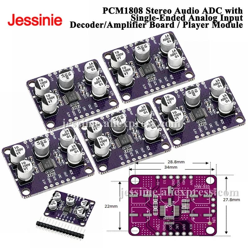 5pcs/1pc PCM1808 Stereo Audio ADC Module 24Bit Single-Ended Analog Input I2S Output Decoder Board For DSP STM32 ESP32 Audio