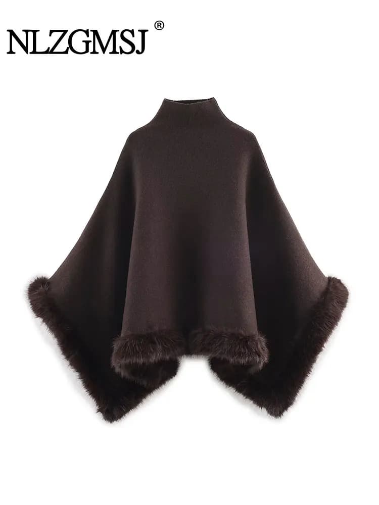 NLZGMSJ Autumn Women Fur Splice Cape Jacket New Fashion Loose Leisure Poncho Coat Elegant Hight Street Women Cloak ﻿Y2K