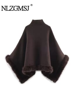 NLZGMSJ Autumn Women Fur Splice Cape Jacket New Fashion Loose Leisure Poncho Coat Elegant Hight Street Women Cloak ﻿Y2K