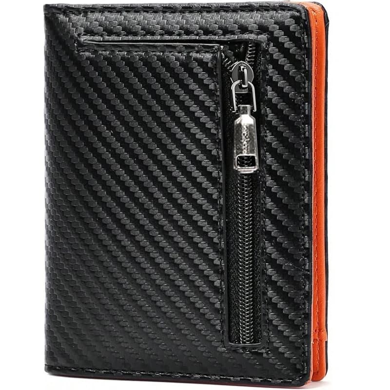 Men Carbon Fiber Wallet RFID Blocking Short Bifold Wallet Zipper Coin Pocket Card Holder Slim ID Window