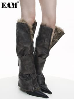 [EAM] Brown Faux Fur Pu Leather Leg Warmers Knee Sleeve Personality Women New Fashion Tide All-match Autumn Winter 2026 1DK0295