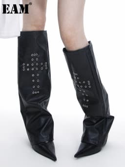 [EAM] Black Rivet Pu Leather Leg Warmers Knee Sleeve Personality Women New Fashion Tide All-match Spring Autumn 2026 1DK0291