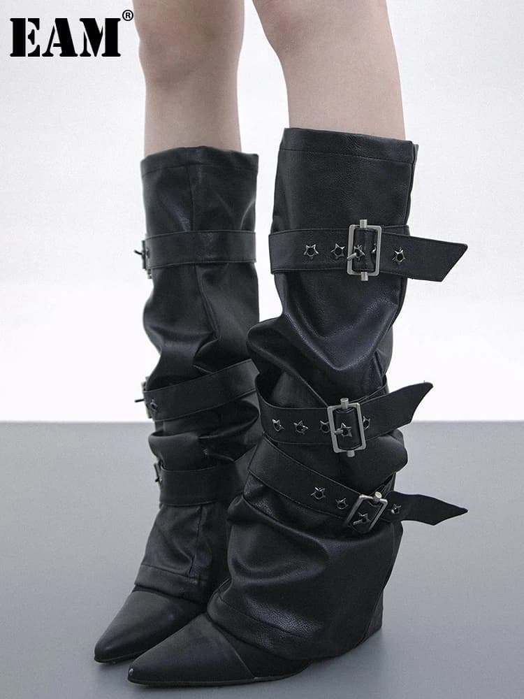[EAM] Black Buckle Rivet Pu Leather Leg Warmers Knee Sleeve Personality Women New Fashion All-match Spring Autumn 2026 1DK0284