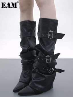 [EAM] Black Buckle Rivet Pu Leather Leg Warmers Knee Sleeve Personality Women New Fashion All-match Spring Autumn 2026 1DK0284