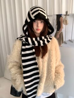 Woolen Korean Style Black And White Striped Knitted Balaclava For Women Winter Warm Ear Protection Hat Scarf One Piece