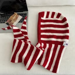 Woolen Korean Style Black And White Striped Knitted Balaclava For Women Winter Warm Ear Protection Hat Scarf One Piece
