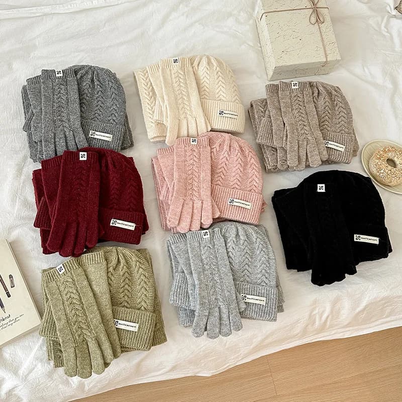 Winter Warm Knitted Hat Scarf Gloves Women's Windproof Adult Three-piece Set Scarves Solid Color Fashion Korean Hats for Women