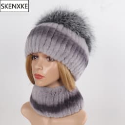 Women's Winter Warm Genuine Fur Hat Scarf Set Real Rex Rabbit Fur Cap with Silver Fox Scarves 2-Piece Natural Fashion Accessory