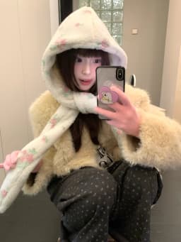 Han Style Flower Balaclava For Women Warm Ear Hat With Scarf For Big Head In Winter