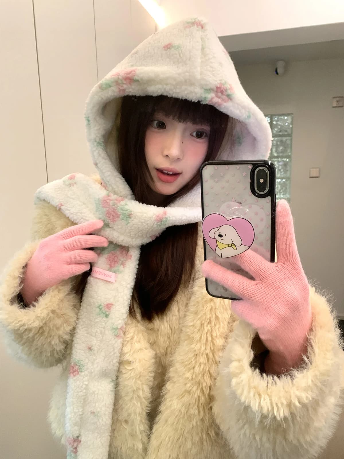 Han Style Flower Balaclava For Women Warm Ear Hat With Scarf For Big Head In Winter